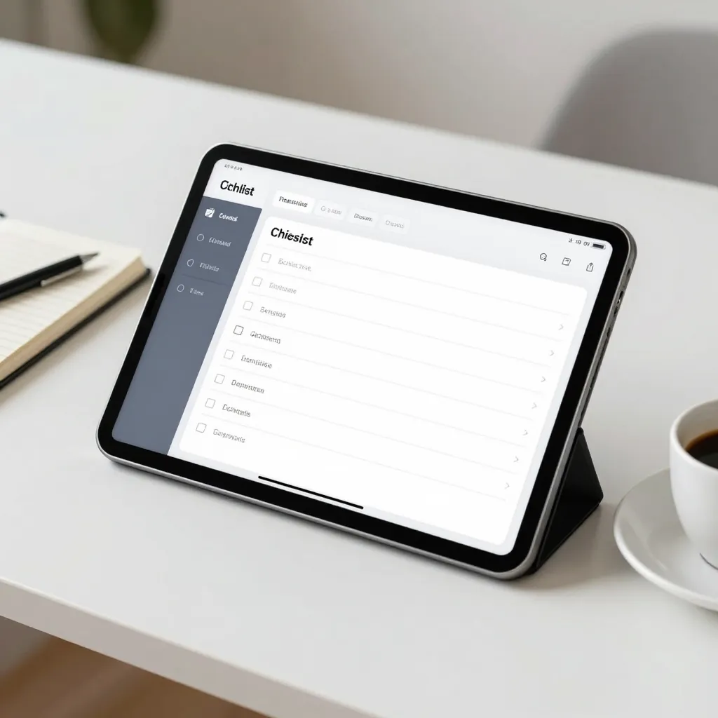 A high-end, minimalist desk setup featuring a digital checklist interface on a tablet screen, surrou