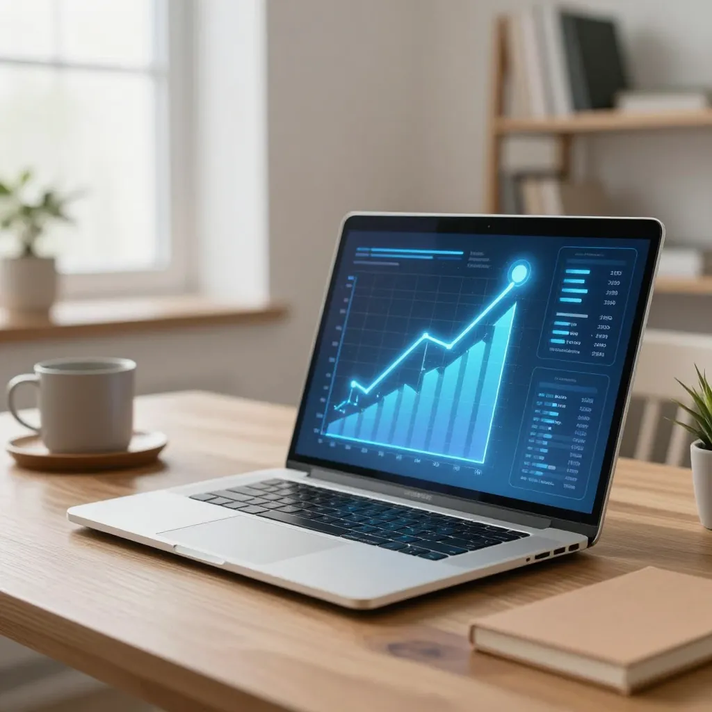 A bright, modern home office setting featuring a high-end laptop on a wooden desk with a digital hol