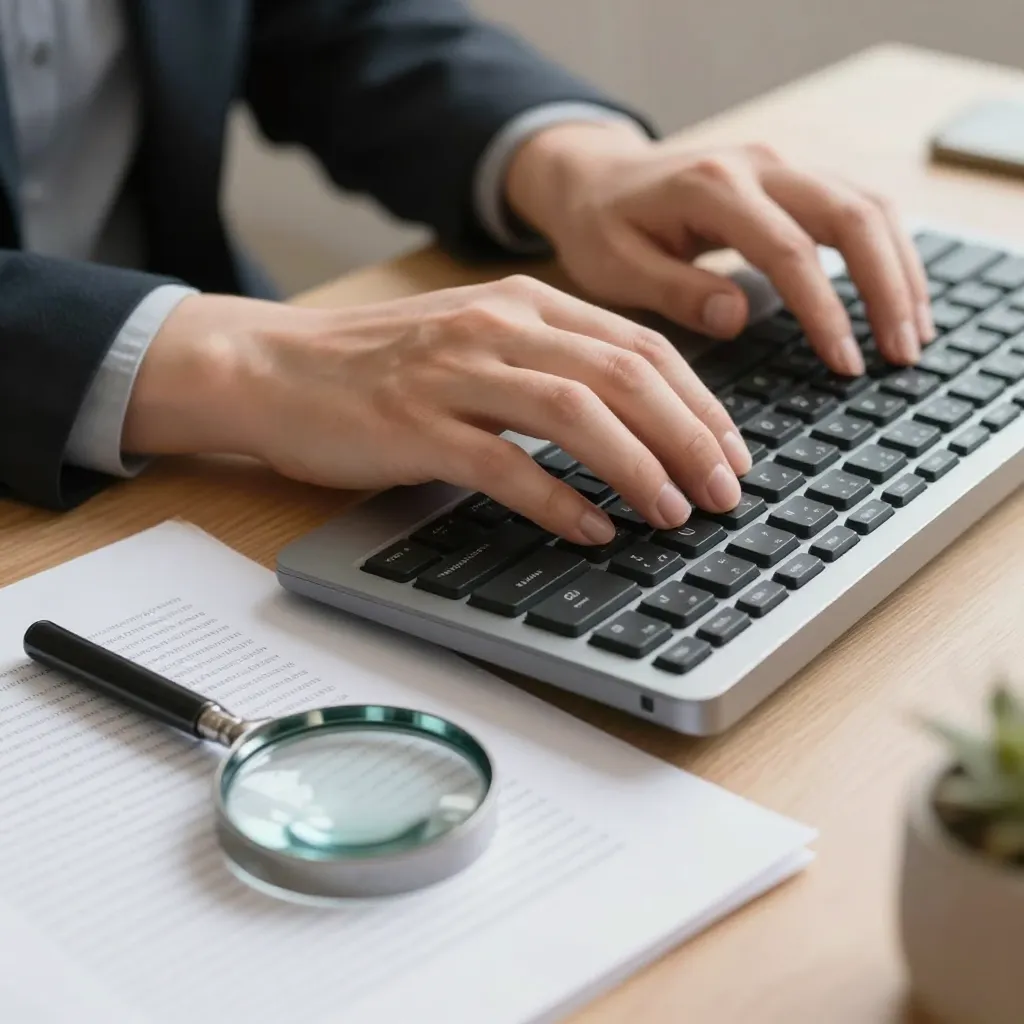 A professional editor's hands typing on a sleek mechanical keyboard with a magnifying glass resting