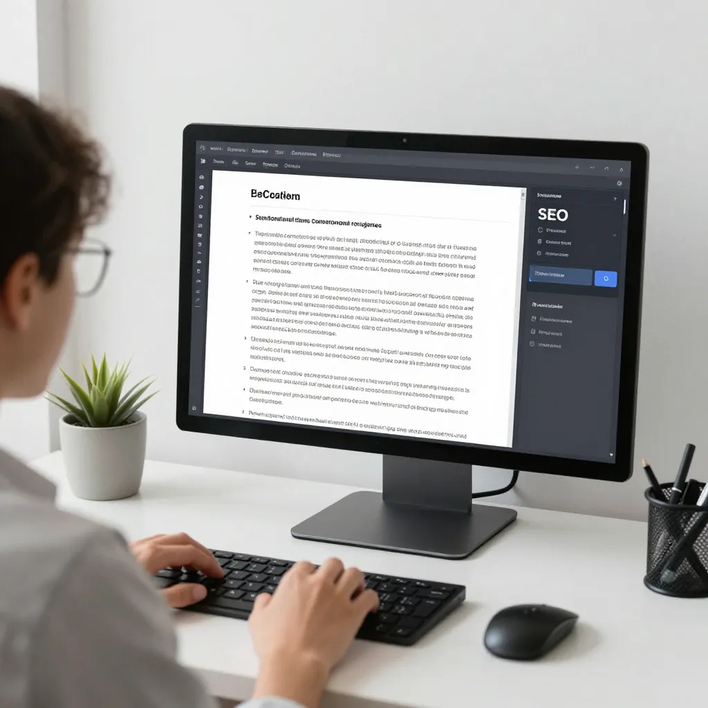 A person using a professional creative writing setup, with a split screen showing a generated text d