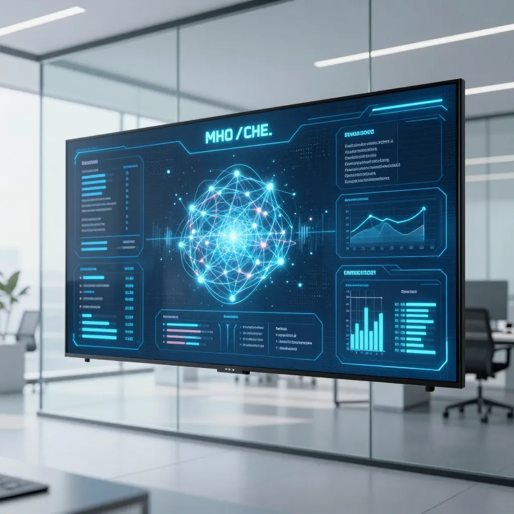 A sleek, futuristic digital dashboard glowing with holographic data visualizations and neural networ