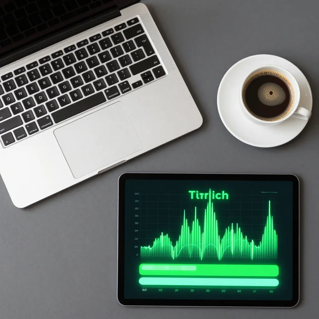 A clean, modern top-down view of a workspace featuring a high-end laptop, a cup of specialty coffee,