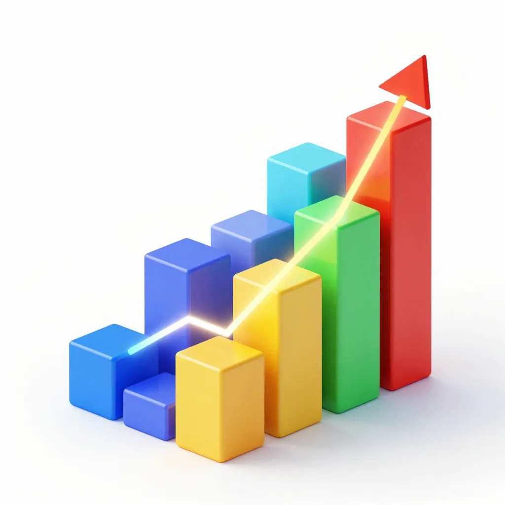 A vibrant, high-contrast 3D isometric chart showing colorful rising bars and glowing trend lines on